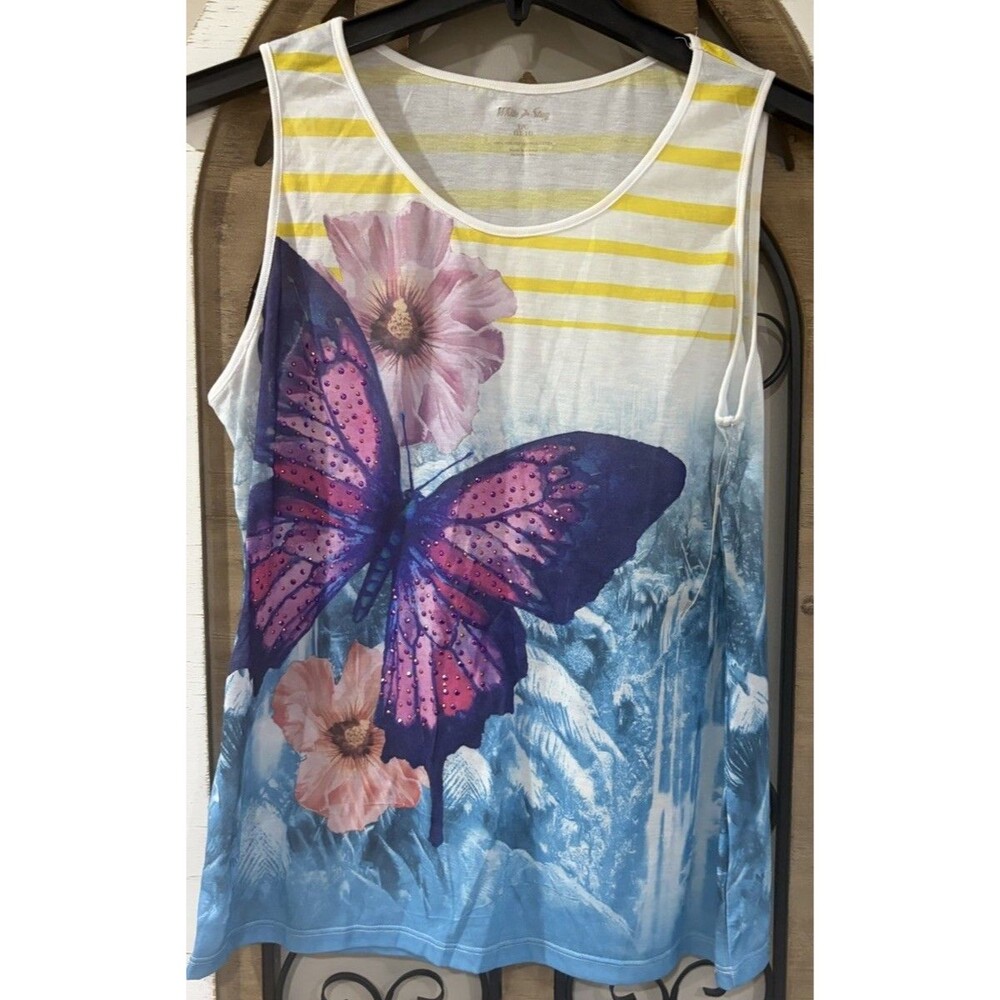 Women’s Butterfly Floral Tank Top Yellow Stripe Rhinestone Embellished